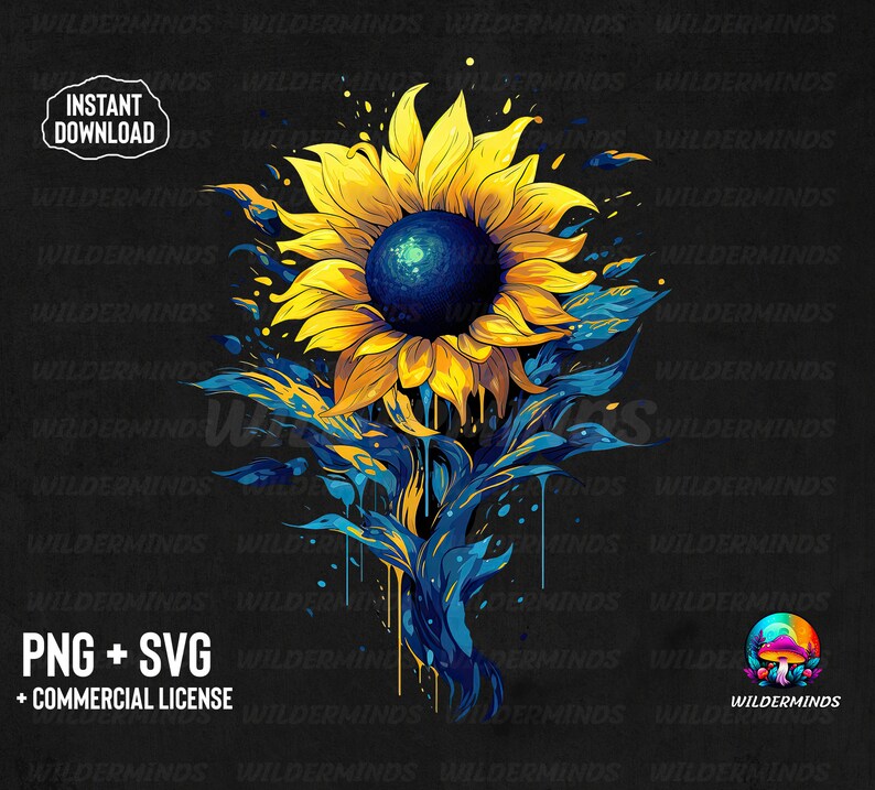K&ouml;nnte beinhalten: Eine gelbe Sonnenblume mit blauen und gelben Farbstichen auf schwarzem Hintergrund. Die Sonnenblume tropft mit blauer Farbe. Der Text "PNG + SVG + KOMMERZIELLE LIZENZ" befindet sich am unteren Rand des Bildes.