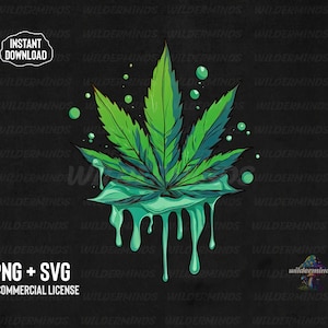 May include: A green marijuana leaf with dripping green paint on a black background. The text "PNG + SVG + COMMERCIAL LICENSE" is at the bottom of the image.