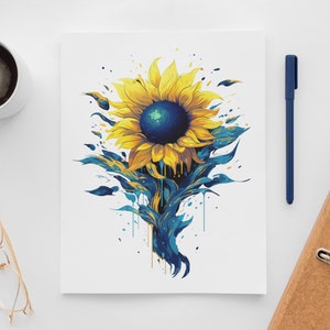 K&ouml;nnte beinhalten: Ein Aquarellbild einer Sonnenblume mit blauen und gelben Farbstichen. Die Sonnenblume befindet sich in der Mitte des Bildes und ist zum Betrachter gewandt. Der Hintergrund ist wei&szlig;.