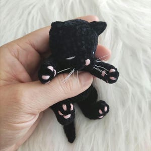 Sleeping black plush kitten, soft pet cat, realistic animal