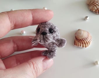 Handmade Mini Crochet Seal, Tiny Plush Keychain, Dollhouse Companion