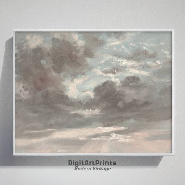 Vintage Cloud Oil Painting, Sky Print, Country Landscape, French Nursery, Antique Wall Art, Muted Neutral Soft Colors, Printable Download