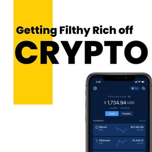 Op de afbeelding: Een smartphone-scherm met een cryptocurrency-app die een totaal saldo van $ 1.734,94 USD weergeeft. De app toont een lijst met cryptocurrencies met hun huidige prijzen en prijsveranderingen. De tekst "Getting Filthy Rich off CRYPTO" wordt boven de telefoon weergegeven.