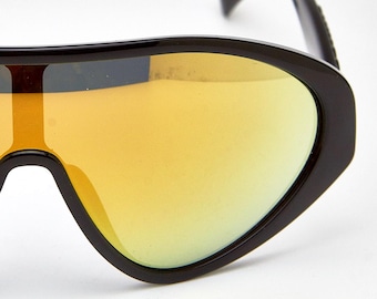 MOSCHINO Black Streamlined Shield Oversized Sunglasses | Gold Iridium Lenses, Rave Goggles, Shield Mask Sunglasses