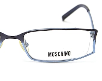 Gafas MOSCHINO M3271-V Y2K, montura rectangular azul, estilo años 2000, montura fina y estrecha, diseño vintage italiano, montura óptica retro.