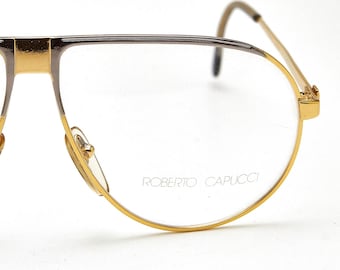 Vintage guldfärgade pilotglasögon Roberto Capucci, 80-tals stora metallglasögon