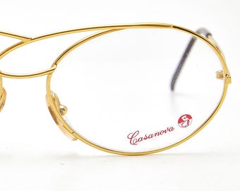 24-karaats vergulde Casanova-bril, ovaal, avant-garde, uit de jaren 90, vintage, dunne metalen bril.