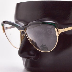 Vintage Woman Eyewear 1980's/ LACOSTE 849 60 Green /Polished Gold Metal Frame/ Pin-up Oversize Sunglasses Aviator France Design Rockabilly