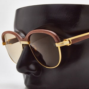 Vintage CARTIER Sunglasses  MALMAISON TB200041 Red Wood Bubinga 1990s Round Gold Eyewear Cartier Bubinga
