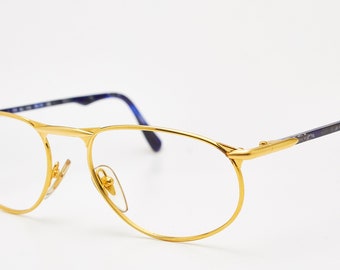 Original Vintage Eyeglasses LANVIN PARIS , Elegante Gold & Blue Oval Glasses