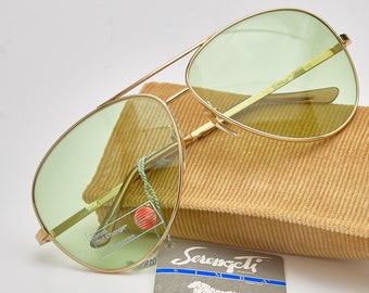 Vintage Photochromic Sunglasses Serengeti Simba Species, Gold Oversized Aviator Sunglasses 1980s with Green Lenses Change Tint