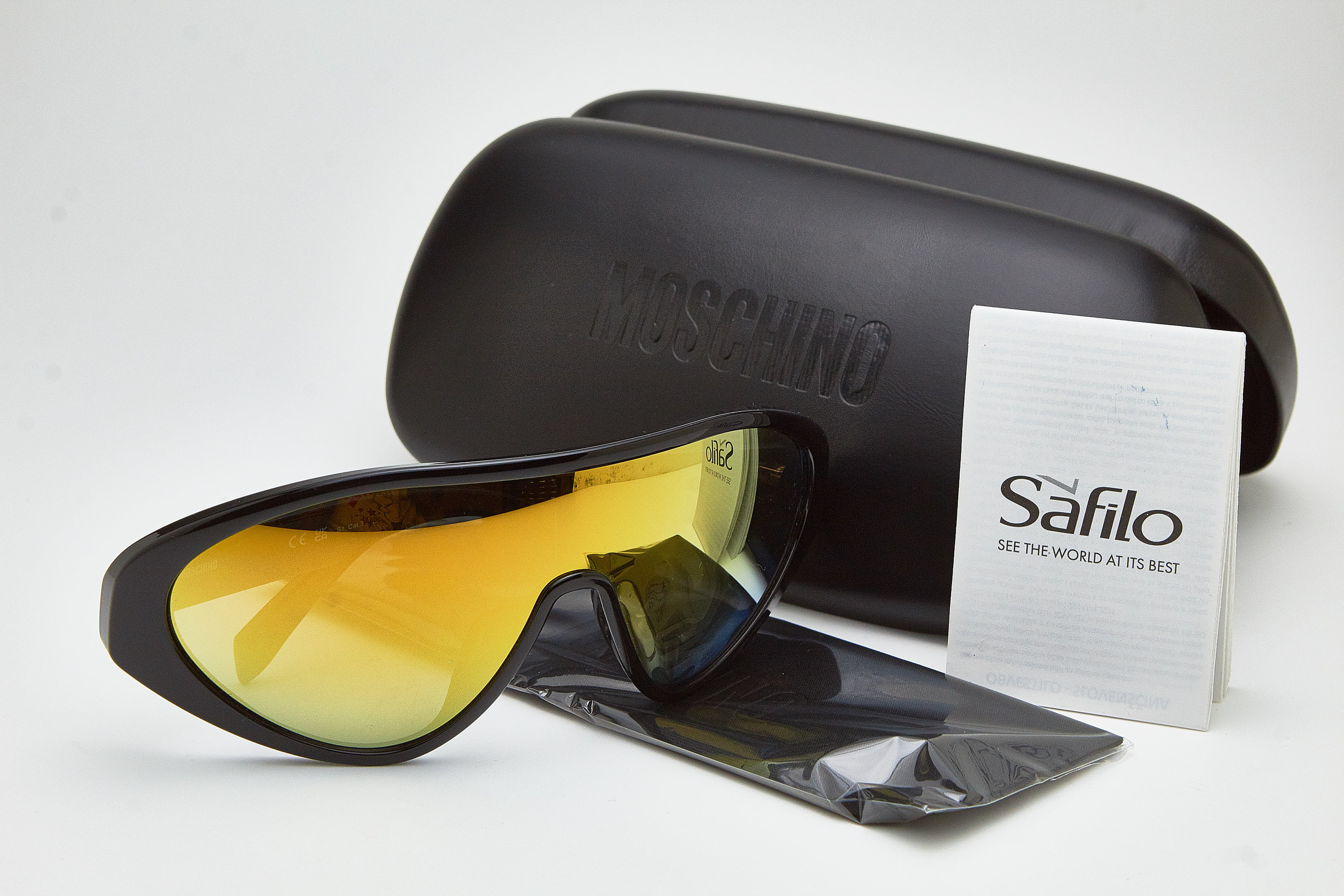 MOSCHINO Black Streamlined Shield Oversized Sunglasses | Gold