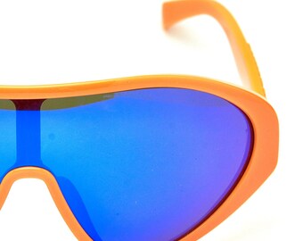 MOSCHINO Orange Streamlined Shield Oversized Sunglasses | Iridium Blue Lenses, Festival Rave, Shield Mask Sunglasses