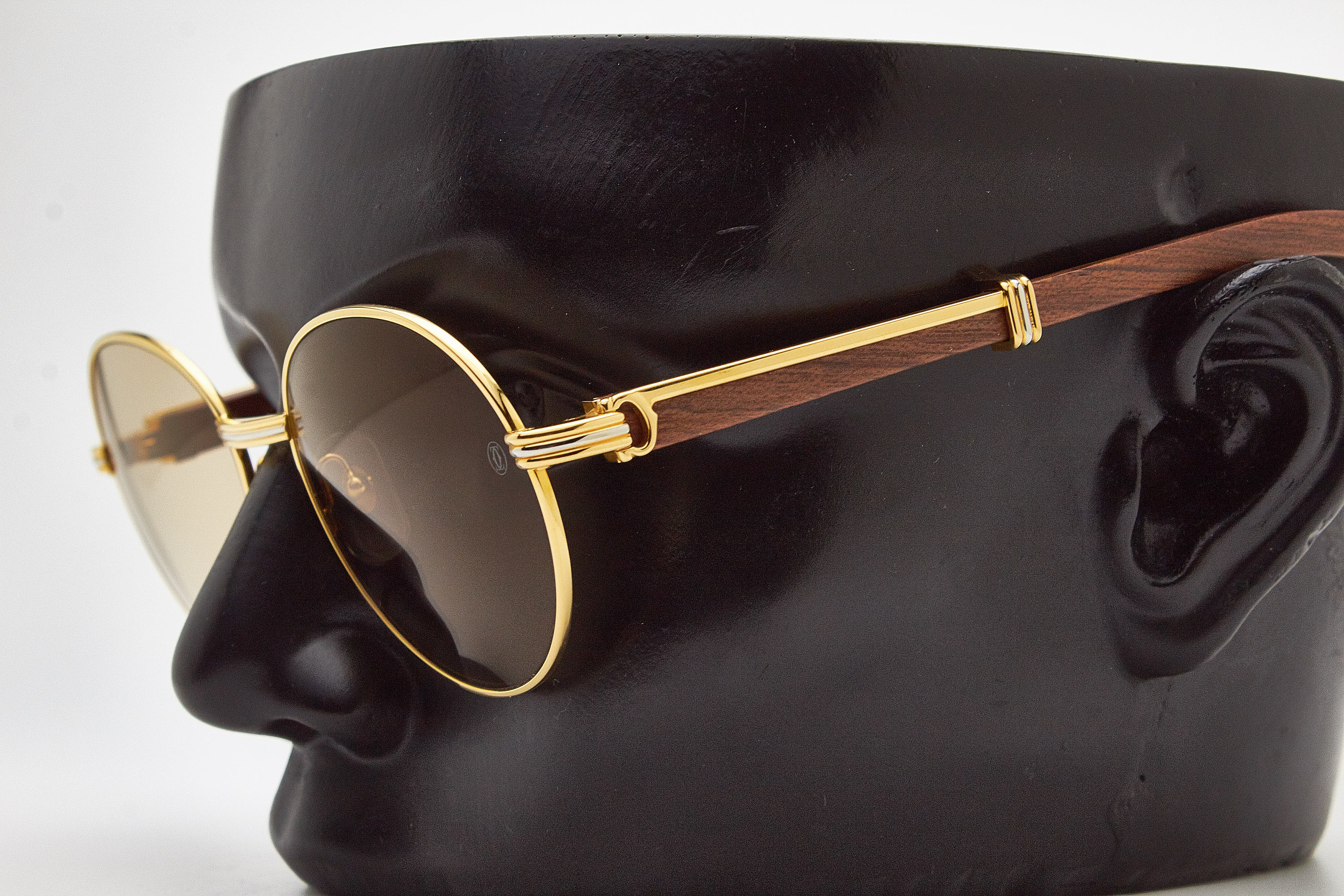 Vintage CARTIER Sunglasses BAGATELLE TB200042 Red Wood Bubinga 1990s Round Gold Eyewear Cartier Bubinga