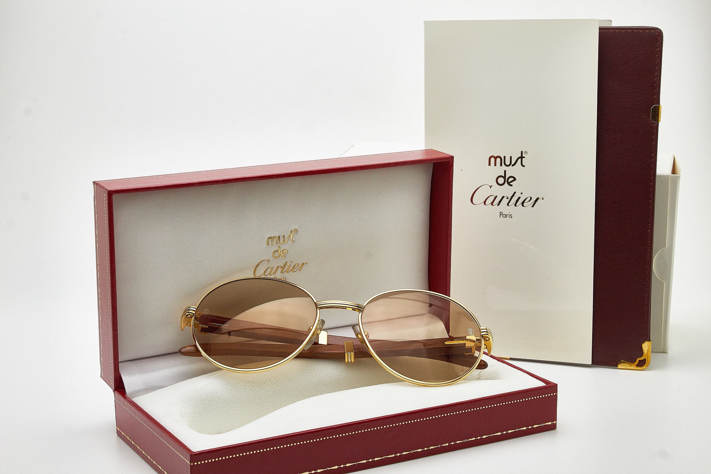 Vintage CARTIER Sunglasses BAGATELLE TB200042 Red Wood Bubinga 1990s Round Gold Eyewear Cartier Bubinga