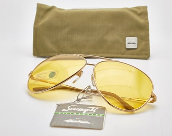 Vintage Yellow Photochromic Sunglasses SERENGETI Kilimanjaro, Oversized Gold Metal Aviator Frame, High Contrast Yellow Lenses