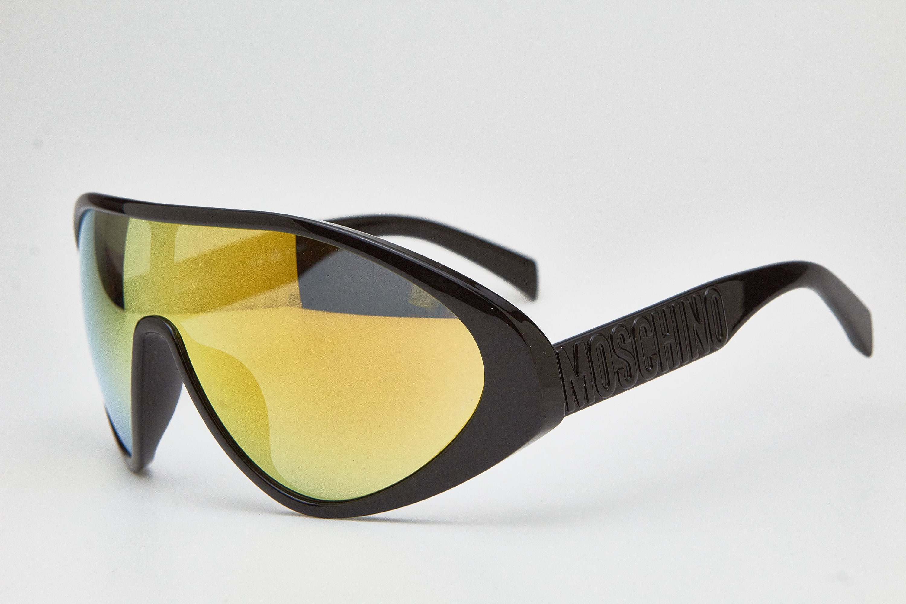 MOSCHINO Black Streamlined Shield Oversized Sunglasses | Gold