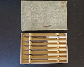 Vintage Boxed set of Faux Bone Handled Knives x 6 (5+1) - 7 Inches