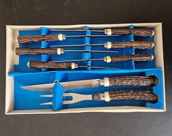 Vintage Boxed set of Faux Antler Handled Meat Carvers & Steak Knives x 6