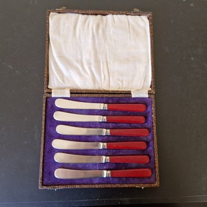 Vintage Boxed set of Red Handled EPNS Tea/ Butter Knives x 6