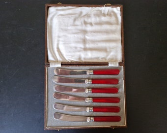 Vintage-Set EPNS Butter-/Teemesser mit rotem Griff x 6