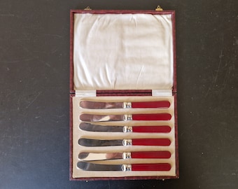 Vintage Boxed set of Red Handled EPNS Tea/ Butter Knives x 6