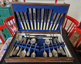 Beautiful Faux Bone Handled Old English Pattern Wooden Canteen of Cutlery - 49 Pieces