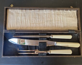 Vintage Boxed Faux Bone Handled 3 Piece Meat Carving Set