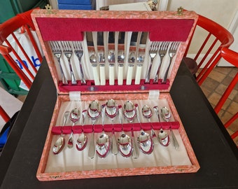 Vintage Canteen of Faux Bone Handled Old English Pattern Cutlery - 24 Pieces