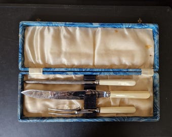 Vintage Boxed Faux Bone Handled Meat Carving Set - 3 Pieces