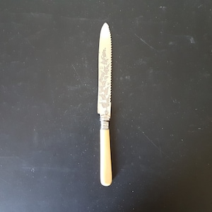 May include: A silver butter knife with a white handle and a floral design on the blade.