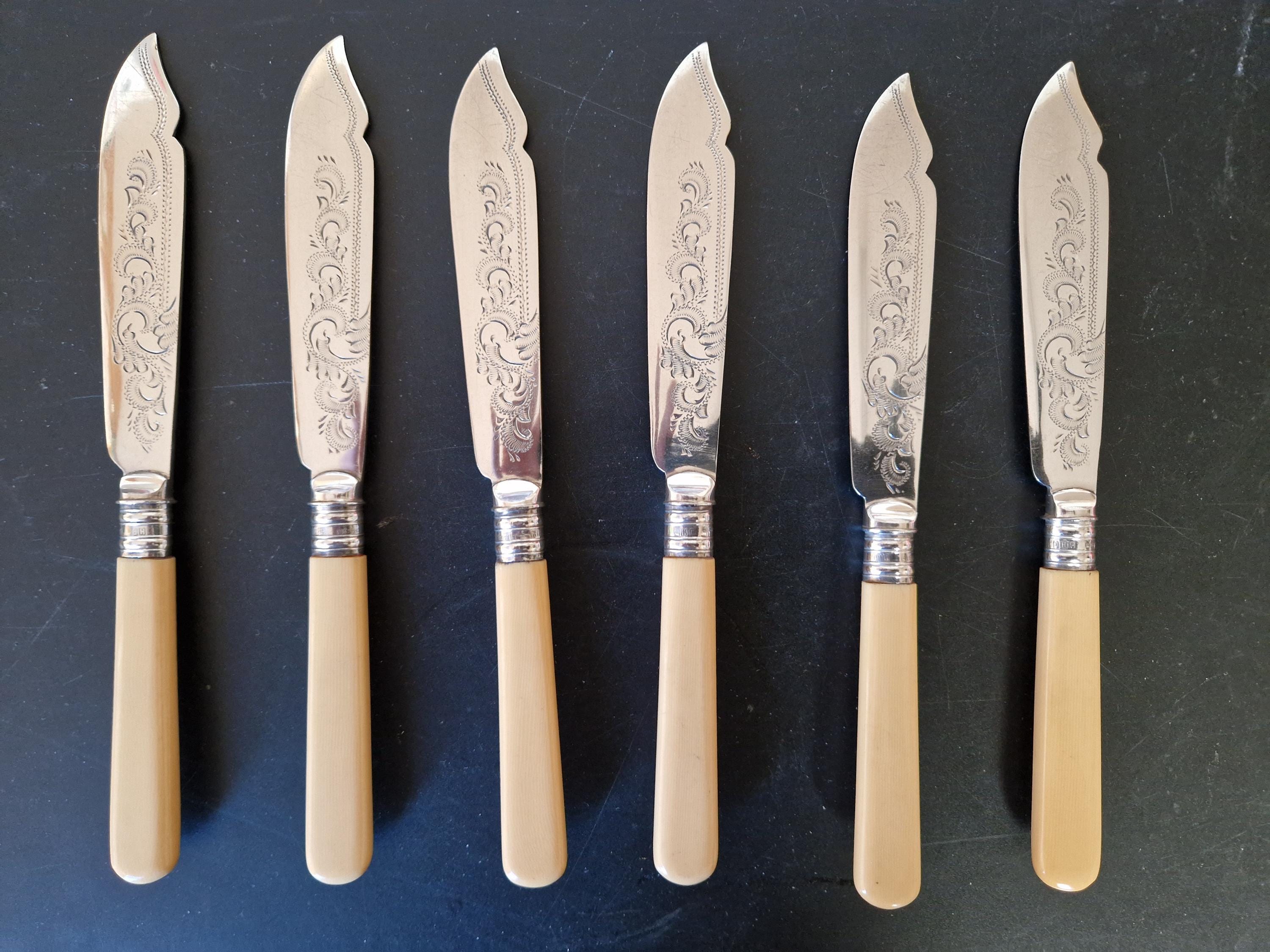 Vintage Set of EPNS Faux Bone Handled Fish Knives X 6 - 8.5 Inches