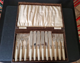 Vintage Boxed set of Faux Bone Handled Fish Cutlery - 12 Pieces