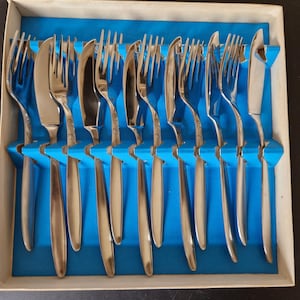 Peut inclure: Un ensemble de couverts vintage dans une boîte. L'ensemble comprend des fourchettes et des couteaux avec une finition argentée brillante. Les ustensiles sont disposés sur un insert bleu dans une boîte blanche et beige. Les manches ont un design décoratif.