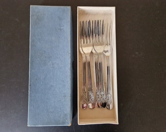Conjunto vintage en caja de tenedores con mango floral x 5 - 7 pulgadas