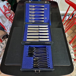 May include: A vintage silverware set in a black case with blue velvet lining. The set includes forks, knives, and spoons. The silverware has a silver finish with white handles. The case is open on a black table.