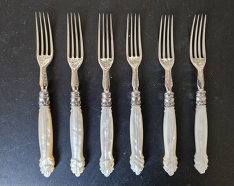 Elegant Vintage set of Faux Mother of Pearl Handled Forks x 6 - 7.25 Inches