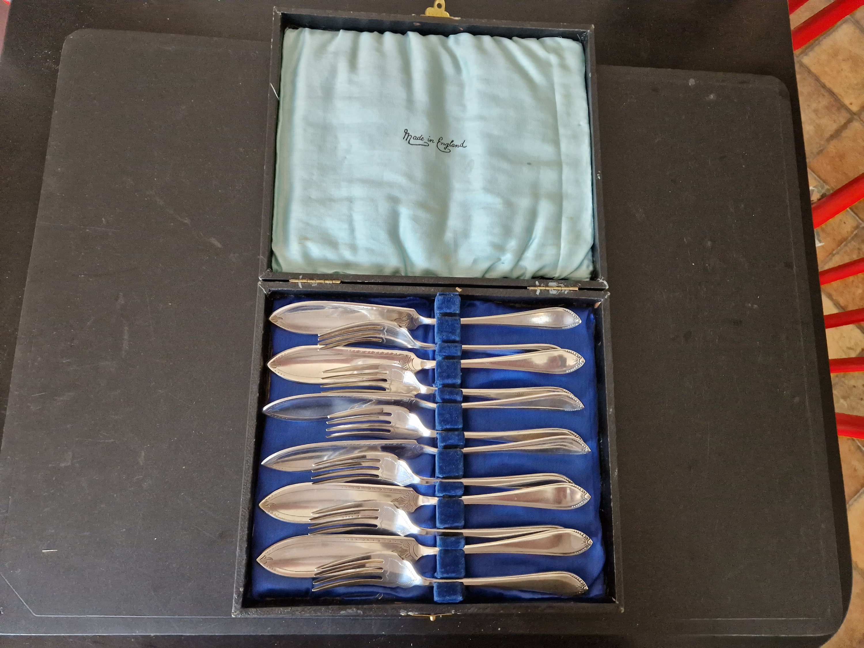 Vintage Boxed Fish Fork and Knife Set, Rustless Nickel, 12 Piece 