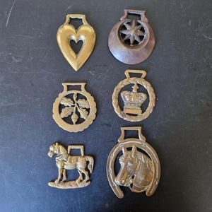 Puede incluir: Una colección de seis adornos de latón vintage para caballos con varios diseños, incluyendo un corazón, una estrella dentro de una media luna, una hoja de roble con bellota, una corona en una corona, un caballo de pie y una cabeza de caballo.