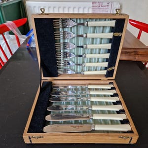 Ravissant coffret en bois vintage de couverts à poisson avec manche imitation os