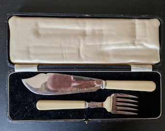Vintage Boxed Faux Bone Handled Fish Carving Set - 2 Pieces