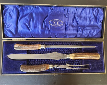 Magnificent Vintage Boxed Antler Handled Carving Set - 3 Pieces