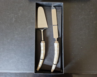Vintage Boxed Faux Mother of Pearl Handled Cake Knife & Cake Server