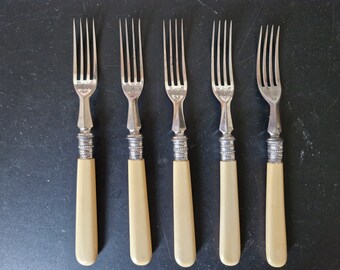 Vintage set of Faux Bone Handled Cake/ Dessert Forks x 5 - 7 Inches