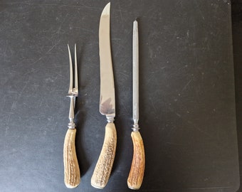 Vintage Antler Handled Carving Set - 3 Pieces