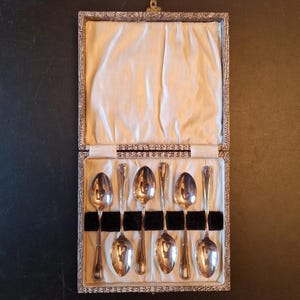 Könnte beinhalten: Ein Set aus sechs Silberlöffeln in einer dekorativen Box. Die Löffel sind in einem samtgefütterten Fach in der geöffneten Box angeordnet. Die Box hat eine gemusterte Außenseite und ein Satin-Innenfutter.