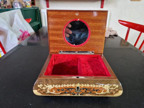 Enchanting Vintage Lacquered Inlaid Wooden Musical Jewellery Box