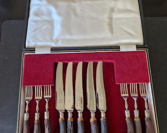 Magnífico juego vintage de cuchillos y tenedores para carne con mango de asta, en caja original - 11 piezas