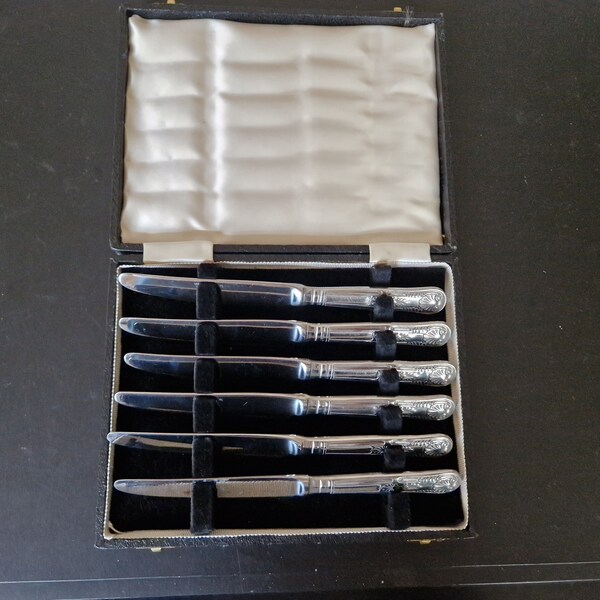 Vintage Boxed set of White Metal Handled King Pattern Tea/ Butter Knives x 6