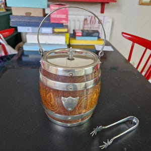 Vintage Coopered Wooden Ice Bucket with Eagle Claw Ice Tongs